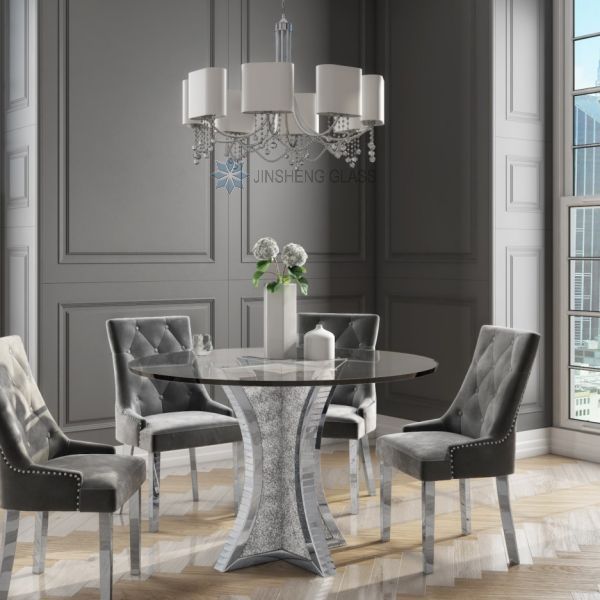 Round Mirrored Dining Table with Glass Top & Crushed Diamond Effect