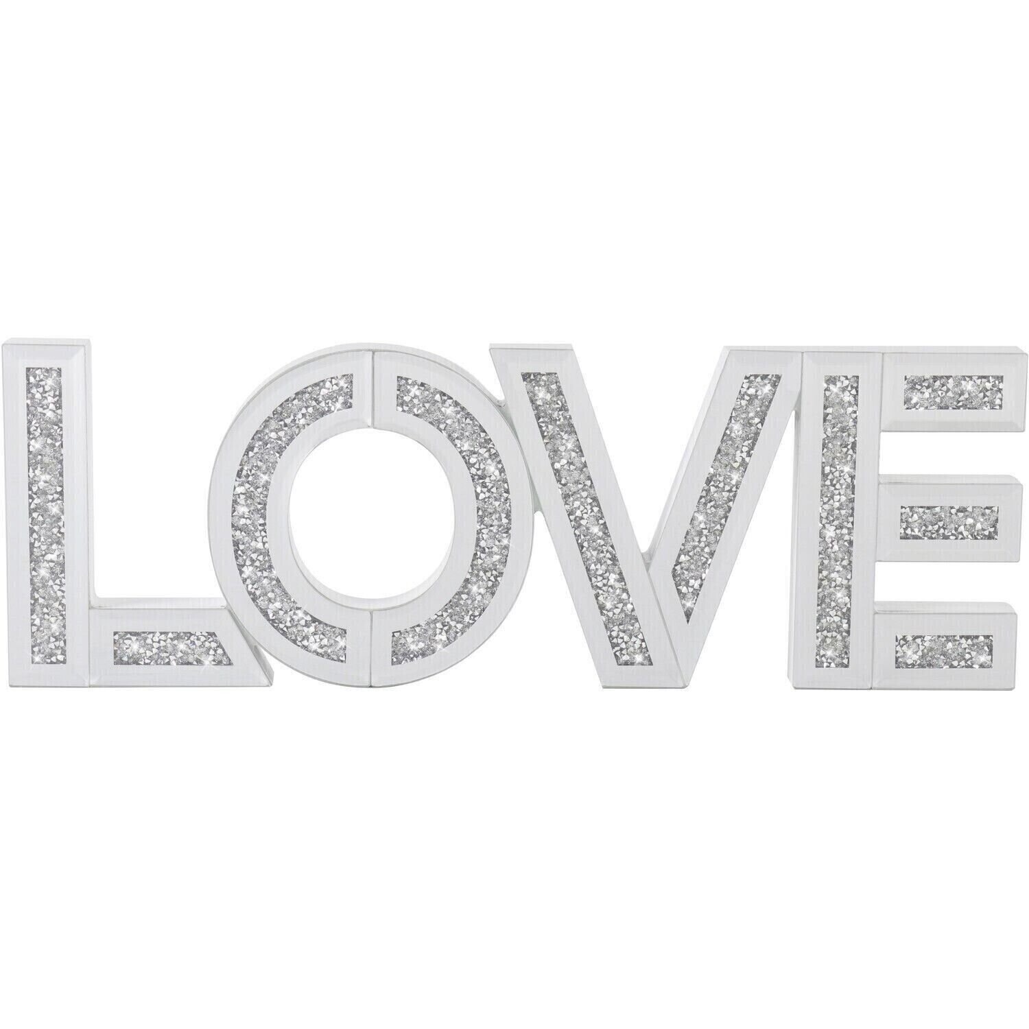 Silver Crushed Crystal Mirrored Love Sign - Diamante Gift Decor - Free Standing Sign