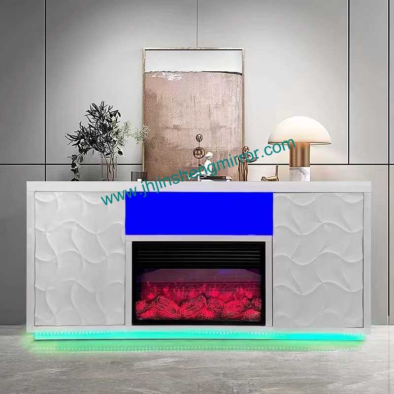 JSF972 Modern Mirrored Fireplace TV Stand with Glass Inlay