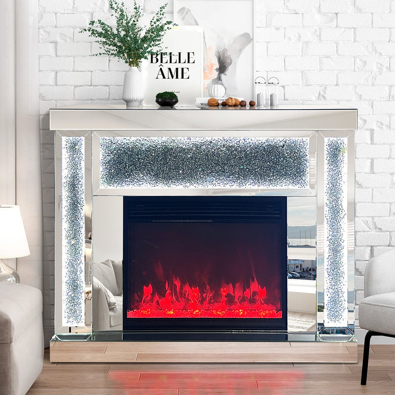 JSBL1301 Crushed Crystal Mirrored Fireplace TV Stand