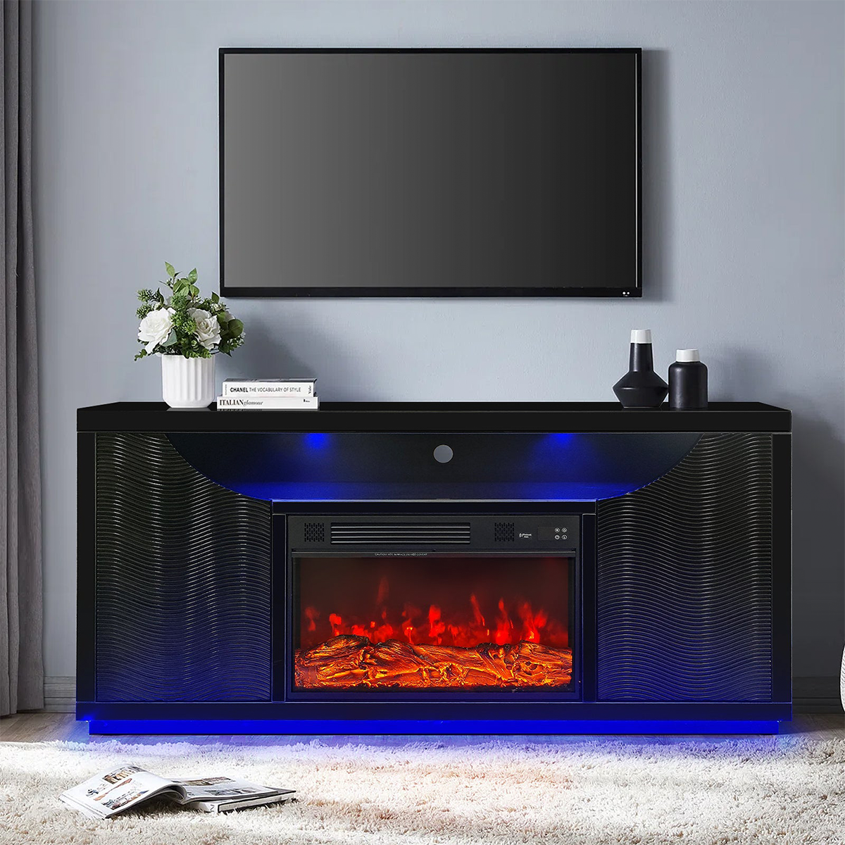 JSBL1302 Black Fireplace TV Stand with Bluetooth Speaker