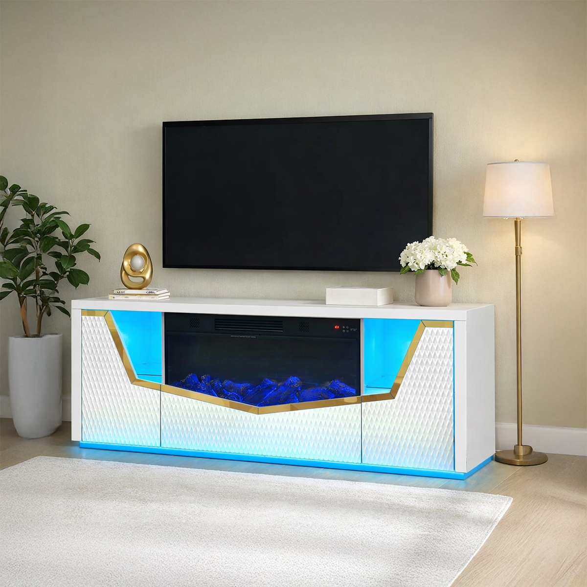 JSBL1303 White Glass Fireplace TV Stand